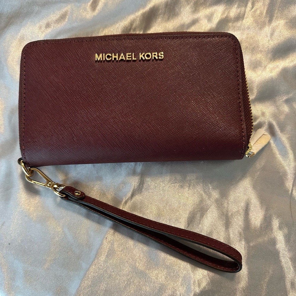 Michael Kors Maroon Wristlet with Gold Accents